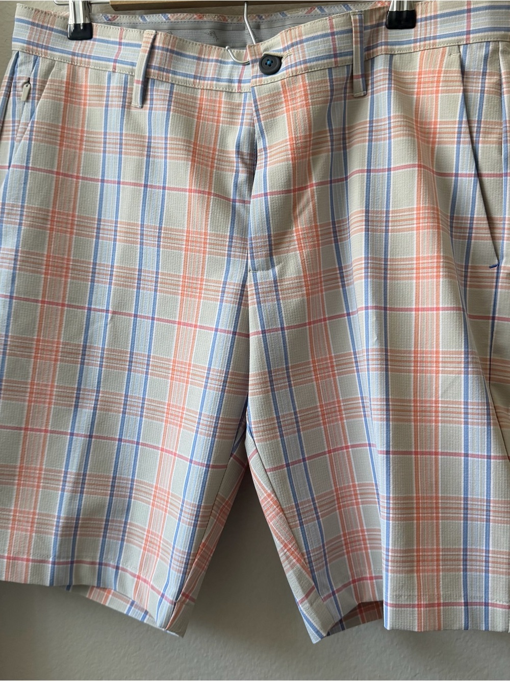Tommy Bahama Light Blue & Peach Plaid Flat Front Shorts
